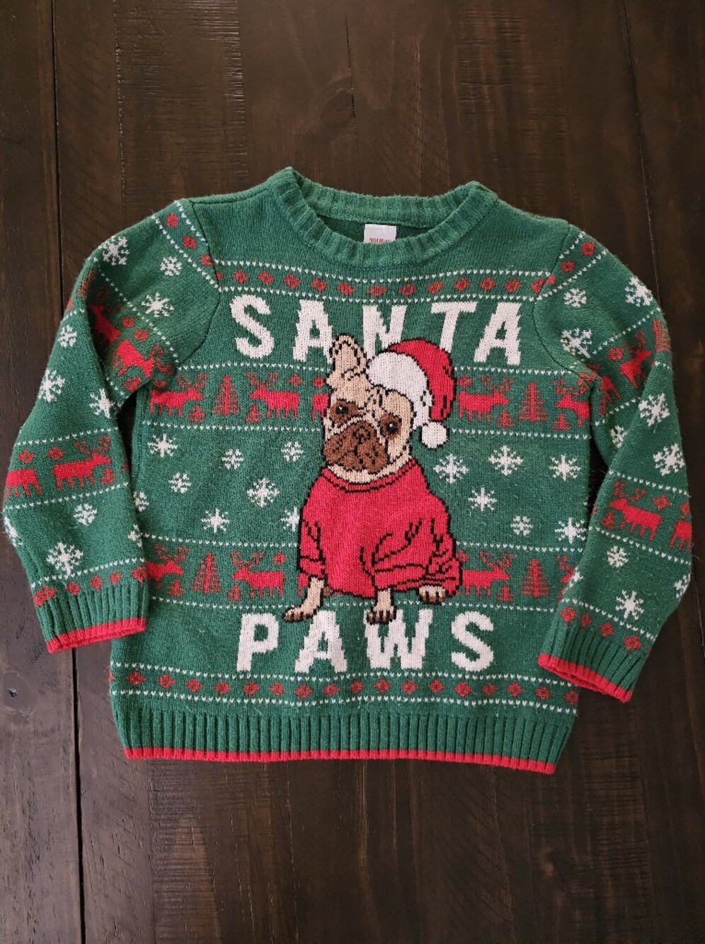 Holiday Time Green and Red Santa Paws Novelty Crewneck Sweater